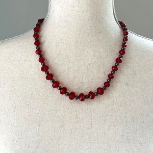Graduated Red Faceted Glass Crystal Bead Adjustable Necklace 20"